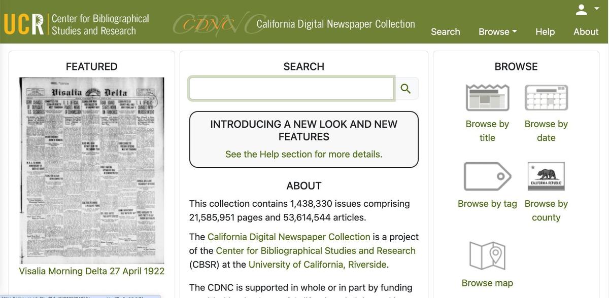 The California Digital Newspaper Collection is the largest online free collection of California newspapers.