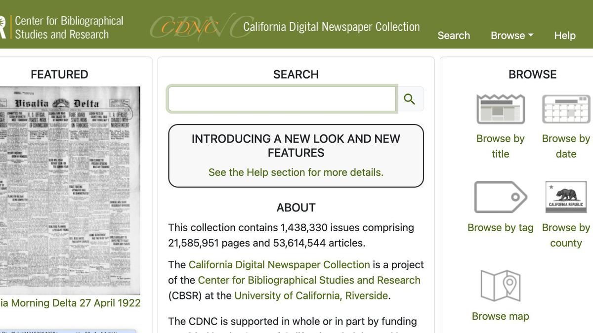 The California Digital Newspaper Collection is the largest online free collection of California newspapers.