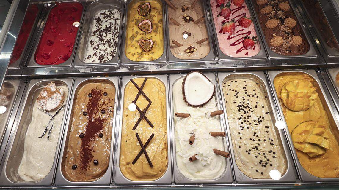 Assorted home made gelato and sorbet on Nov. 13, 2025. Nicola is open in the Laguna Village Shopping Center serving a fusion of Italian and Peruvian cooking called Bachiche.