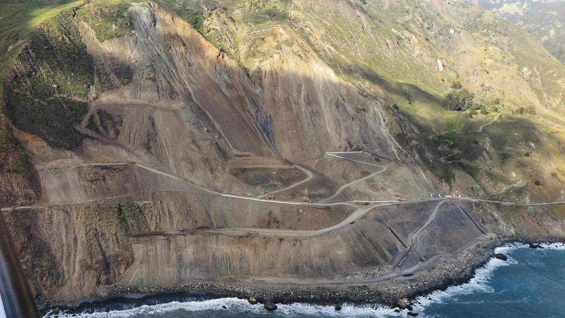 An aerial photograph of the Mud Creek area of Highway 1 in Big Sur, California, on April 26, 2018.