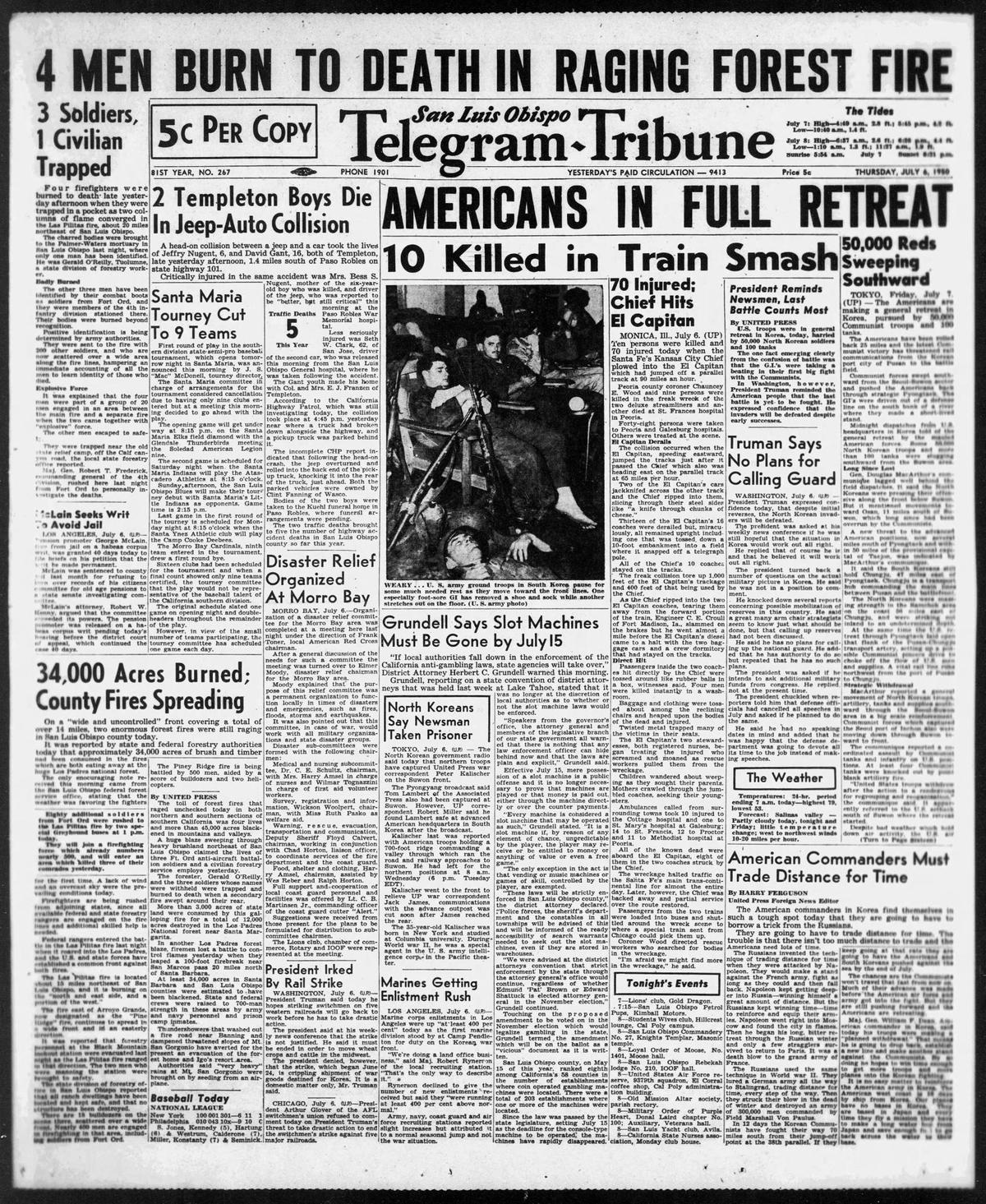 Front page of the Telegram-Tribune from July 6, 1950 carries news of the Korean War and the lead headline was the four firfighter deaths at Las Pilitas fire.