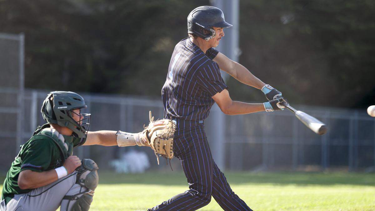 Quentin Crotts makes contact, Luke Stetz catches. Templeton beat Morro Bay 2-0 on May 15, 2026 in the Division III 2026 CIF Central Section Baseball Championship playoff.