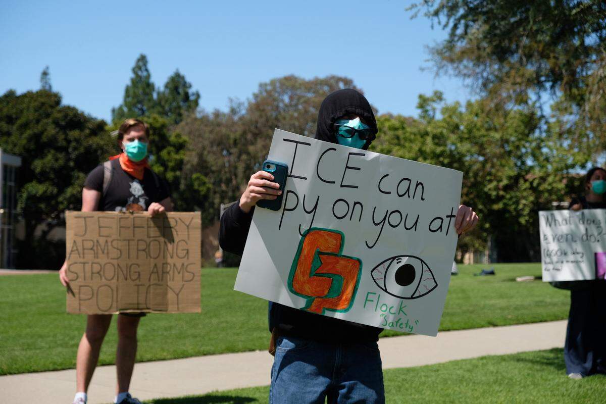Students protested the use of Flock cameras, citing concerns about safety and privacy at Cal Poly on May 15, 2026.
