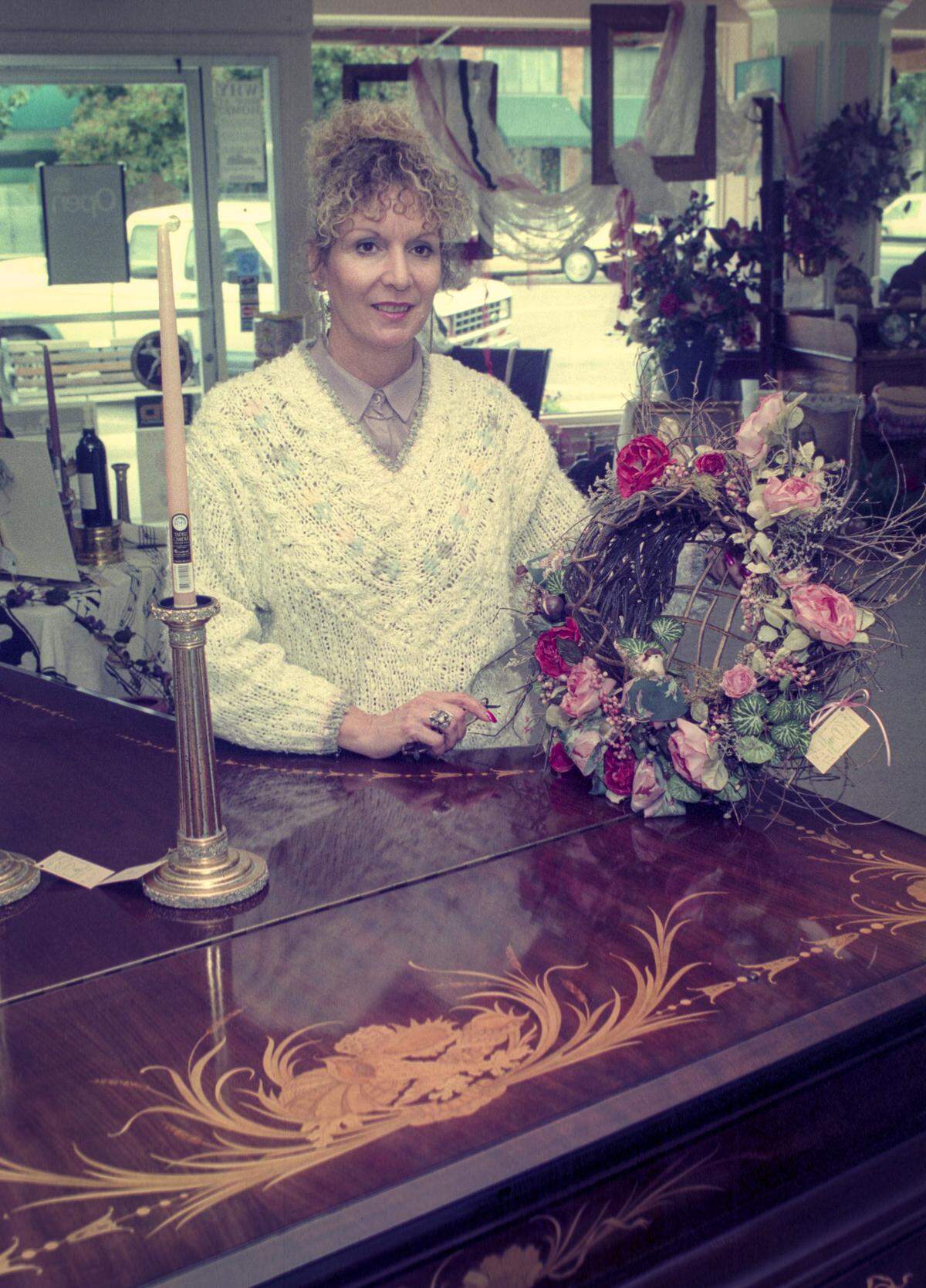 Margo Lamb only stocks her downtown Paso Robles florist shop with gifts that are not offered by discounters seen here March 24, 1994.
