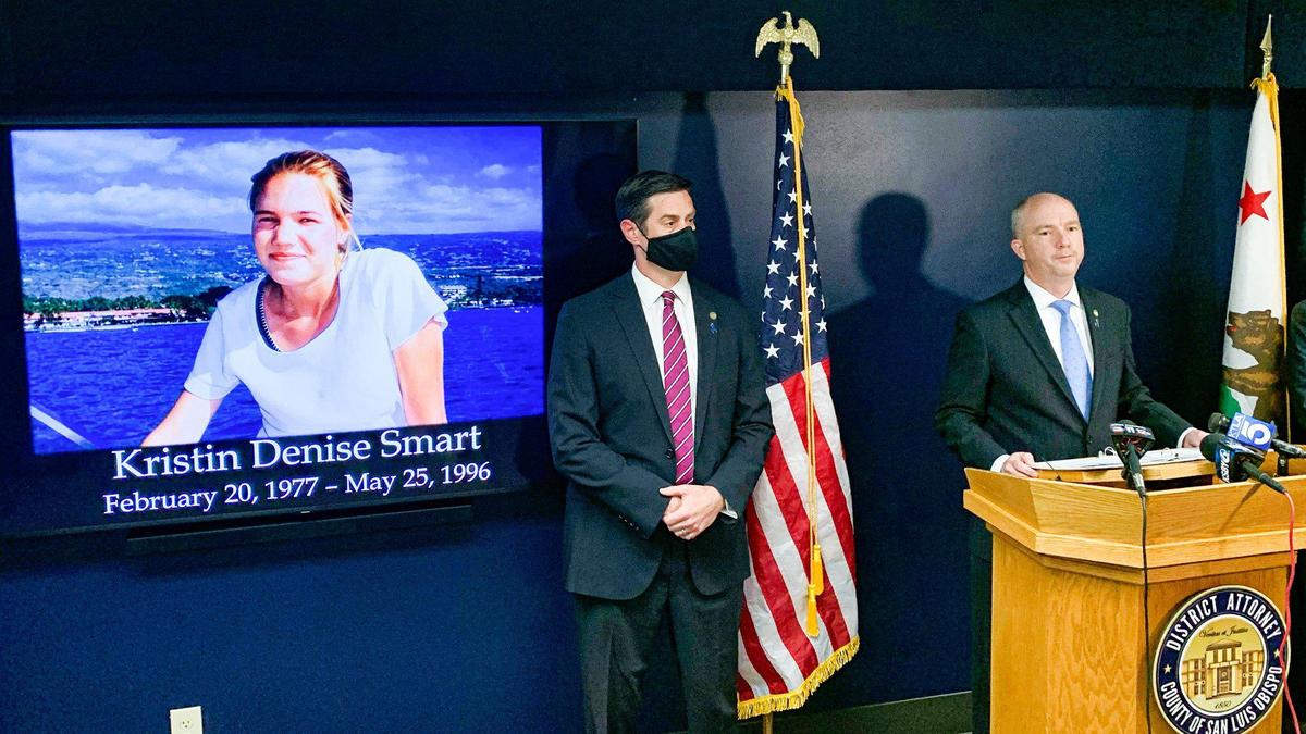 San Luis Obispo District Attorney Dan Dow announces murder charge filed against Paul Flores in the Kristin Smart case on March 14, 2021. Deputy District Attorney Chris Peuvrelle is at left.