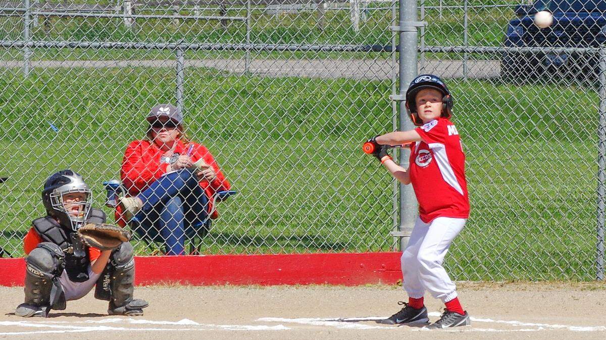 Cambria Reds hitter Owen Miechtry is poised to attack the ball on Saturday, April 28, at Leffingwell Feld.
