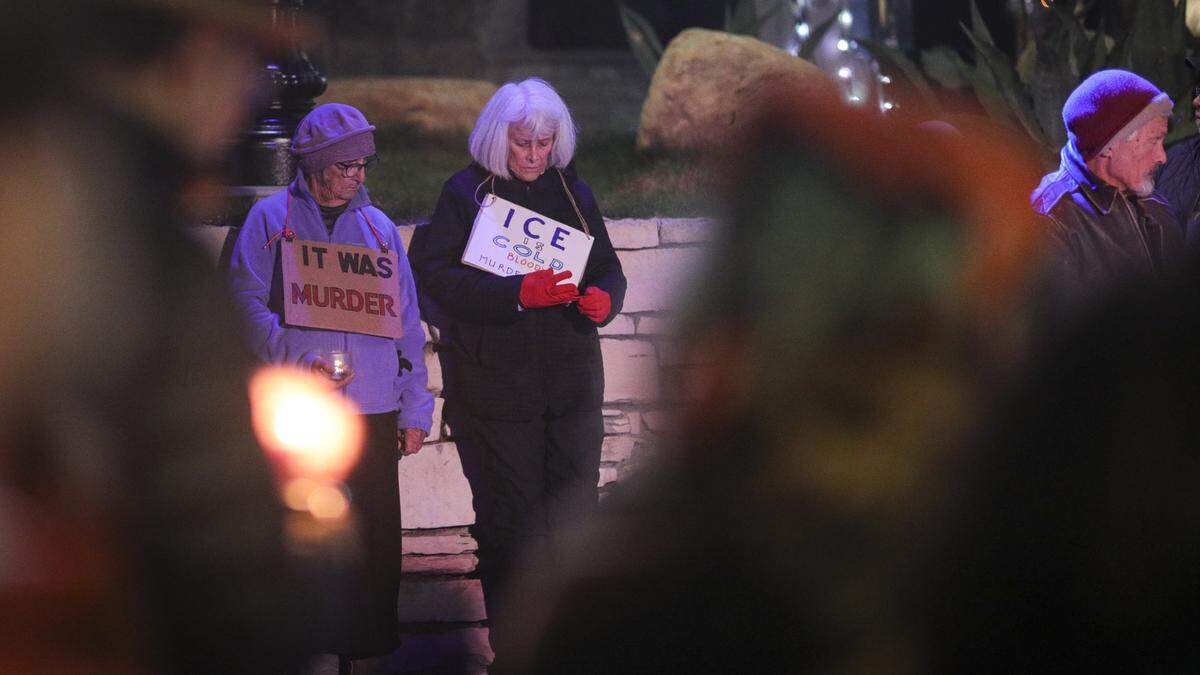 About 200 people gathered in Mission Plaza on Jan. 8, 2026 to protest recent detentions or arrests of 1,400 people by ICE and nationally the recent shootings by federal agencies. 