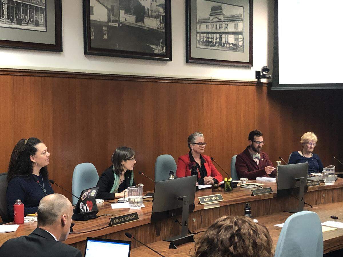 San Luis Obispo’s City Council consists of Erica Stewart, Andy Pease, Heidi Harmon, Aaron Gomez and Carlyn Christianson (left to right). The council unanimously passed a resolution&nbsp;affirming racism as a public health crisis in June.