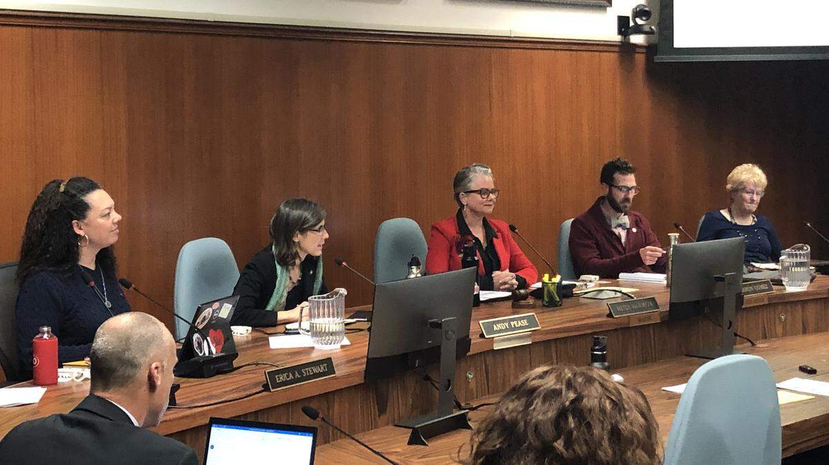 San Luis Obispo City Council members, from left, Erica Stewart, Andy Pease, Heidi Harmon, Aaron Gomez and Carlyn Christianson.