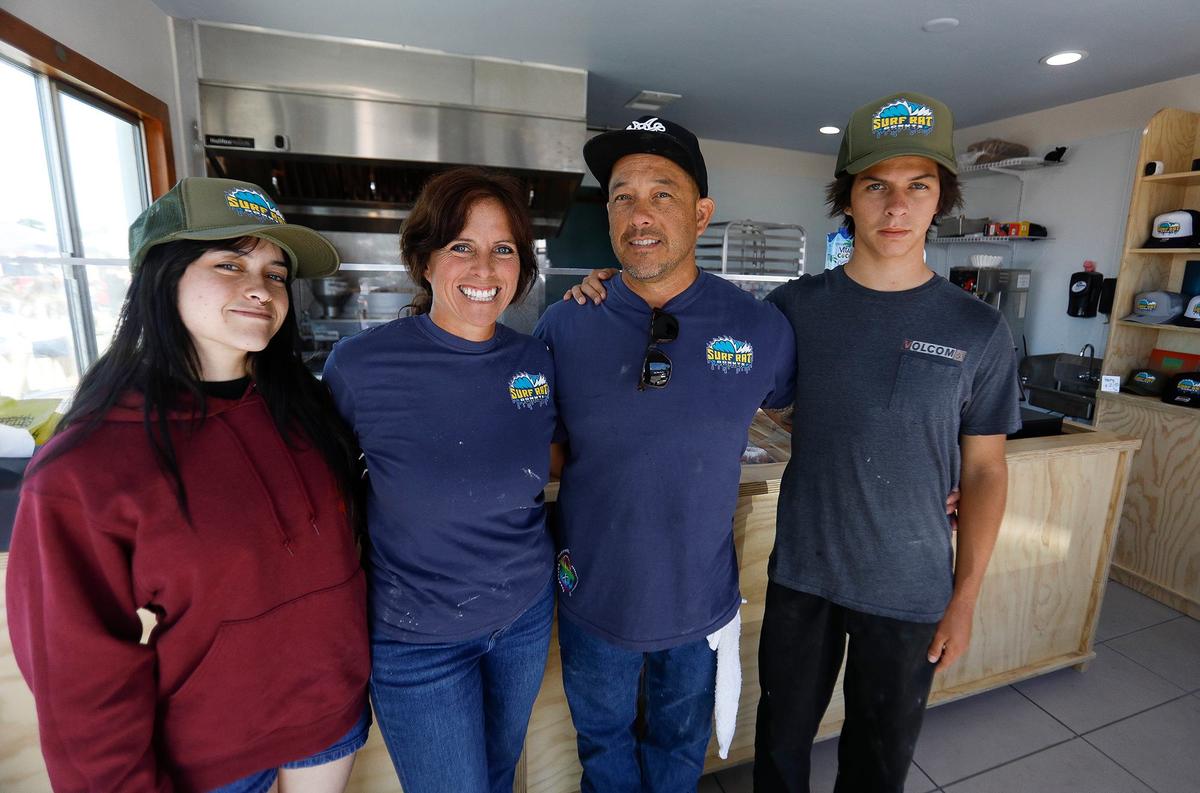 Ben and Jessica Brown acquired a shuttered former fish smokehouse in Cayucos and transformed it into a new, eye-catching doughnut shop, Surf Rats Donuts. With the help of daughter Zaiah Brown and her two younger brothers, Zeke and Eli, the family hopes to officially open the shop located at 101 D St. very soon. From left, Zaiah, Jessica, Ben and Zeke Brown. (Eli is not pictured).