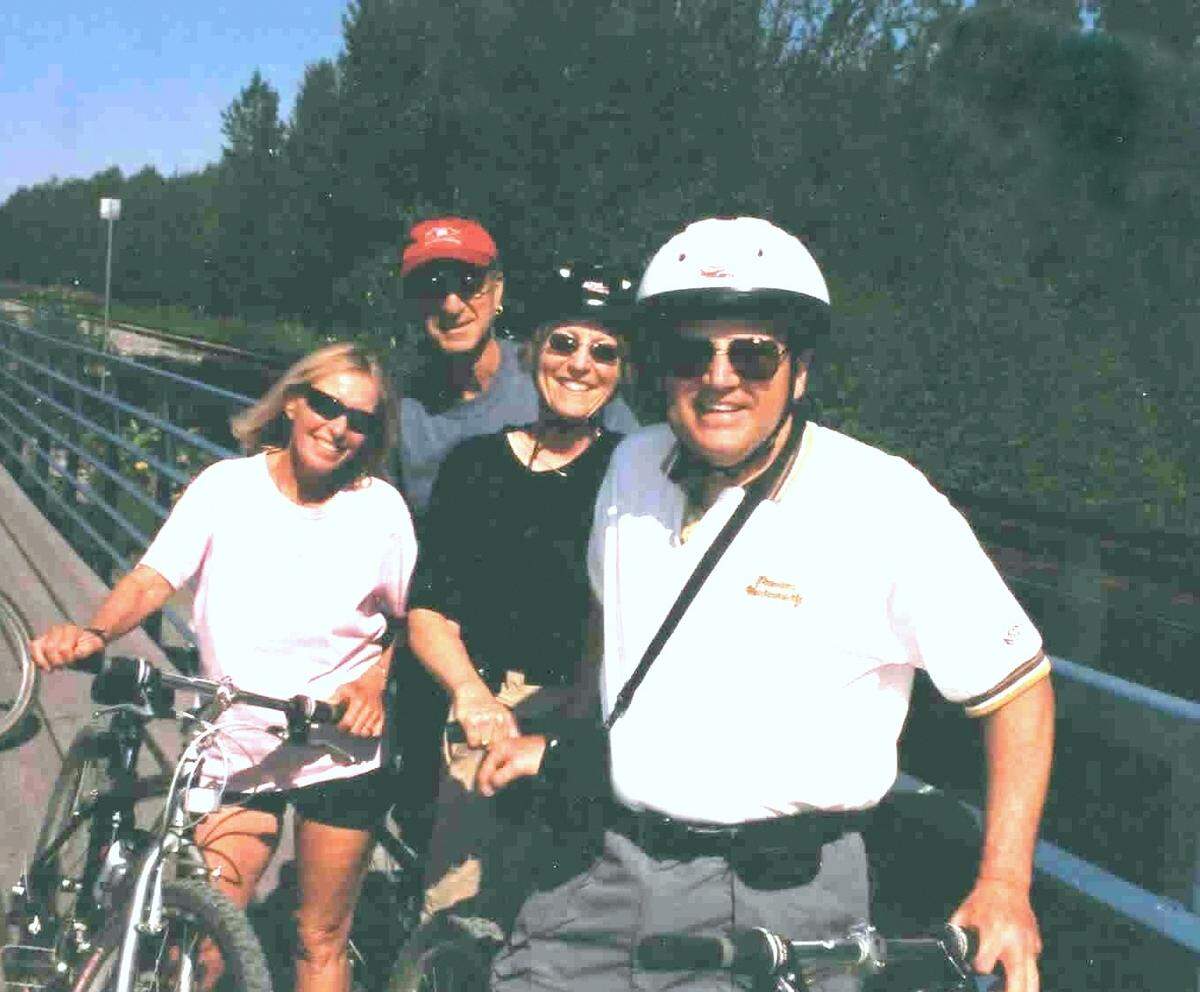 From left, Carol and Saul Goldberg with Janie and Stu Goldenberg on a bike trip in 1984 where they rode from Seattle to San Luis Obispo. Saul Goldberg died after being hit by a car while cycling in San Luis Obispo on July 23, 2024.