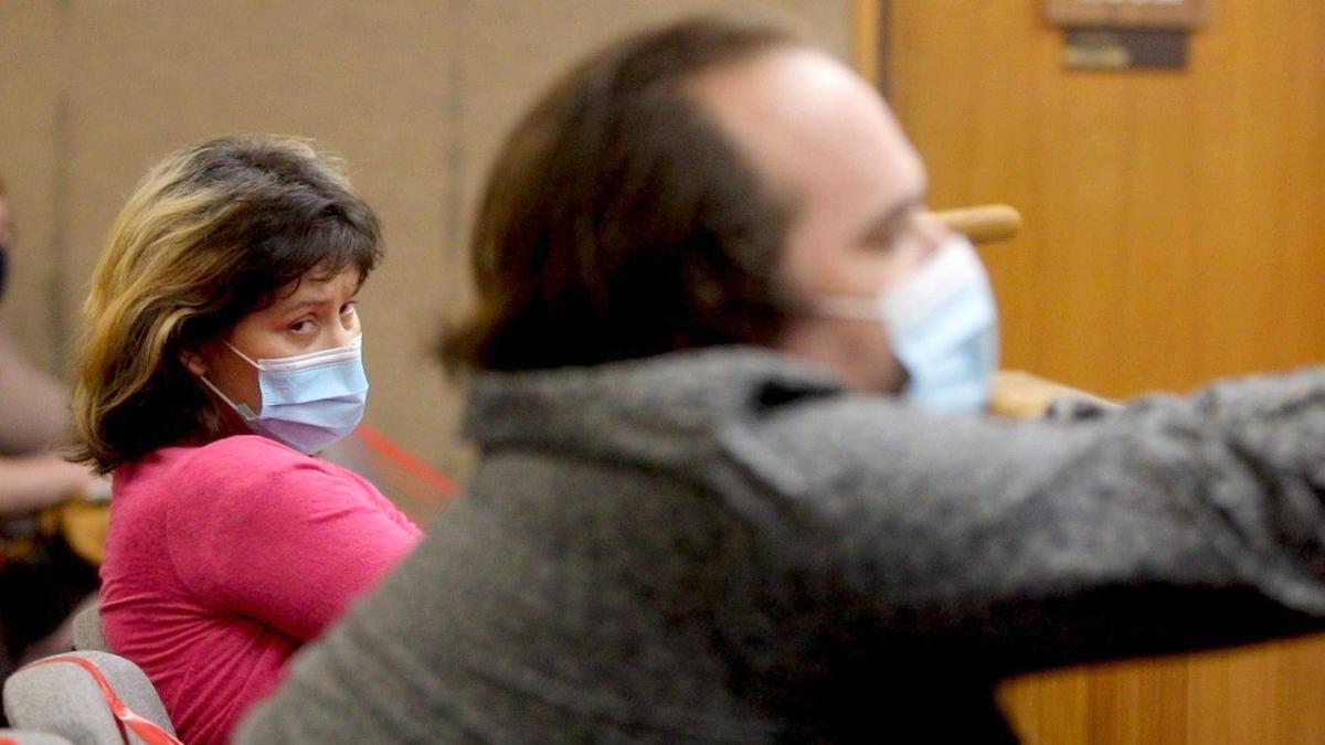 Vanessa Bedroni, left, and Cheyne Orndoff, who were arrested on unrelated charges amid the search for San Luis Obispo Police Chief Deanna Cantrell’s missing gun in July 2019, listen during their preliminary hearing Sept. 24, 2020.