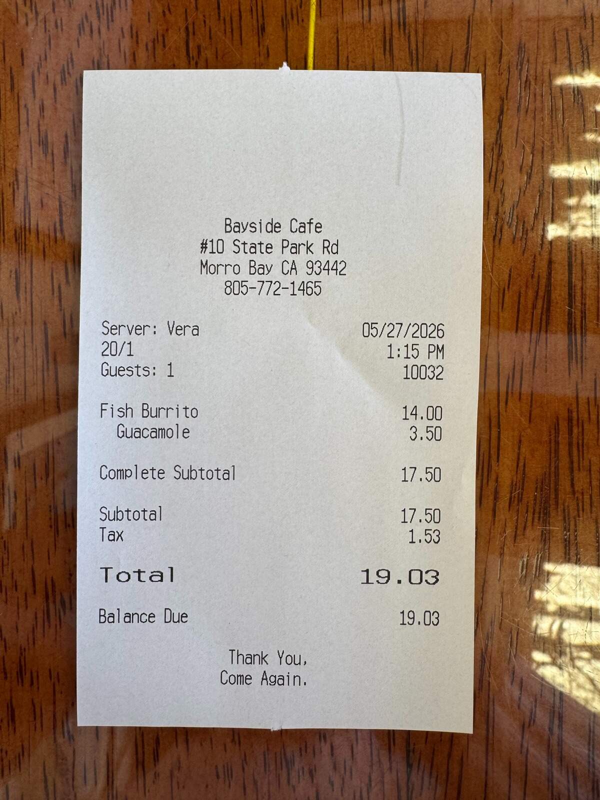 My receipt before tip at the Bayside Cafe in Morro Bay on May 27, 2026.