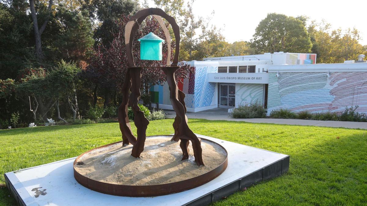 “Tidewalker,” a sculpture by April Banks, sits next to the San Luis Obispo Museum of Art in Mission Plaza in San Luis Obispo on Nov. 19, 2024. In November 2025, SLOMA unveiled plans for a dramatic expansion, taking over three storefronts on Higuera Street.