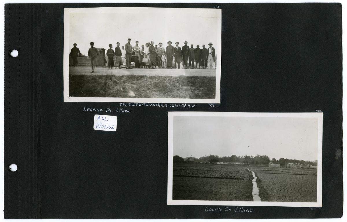 Ah Louis and his sons Frank and Howard toured the birthplace of Ah Louis in China in 1933. Before he was nicknamed Ah Louis, he was born Wong On. Extended family poses for upper photo, village of Loong On below.