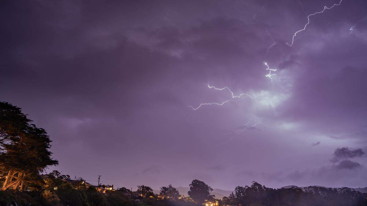 View of lightning in March 2019 from Los Osos Bay in San Luis Obispo, California.