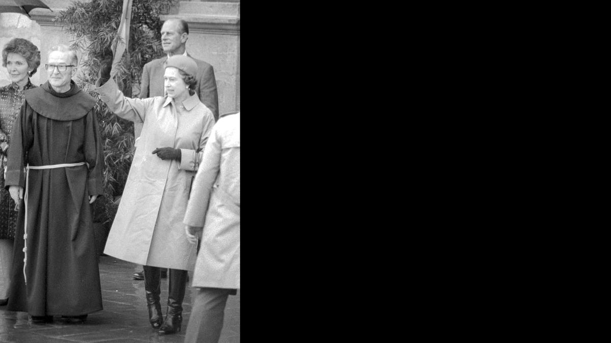 Queen Elizabeth II and Prince Philip visit Mission Santa Barbara with Nancy Reagan and Father Virgil Cardano on March 1, 1983.