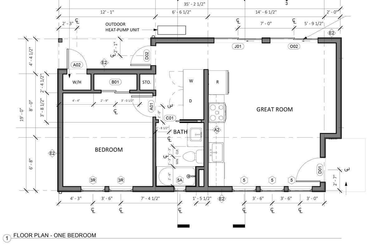 The floor plan of a one-bedroom accessory dwelling unit provided by the city of Grover Beach. These templates are intended to make the ADU building process faster.