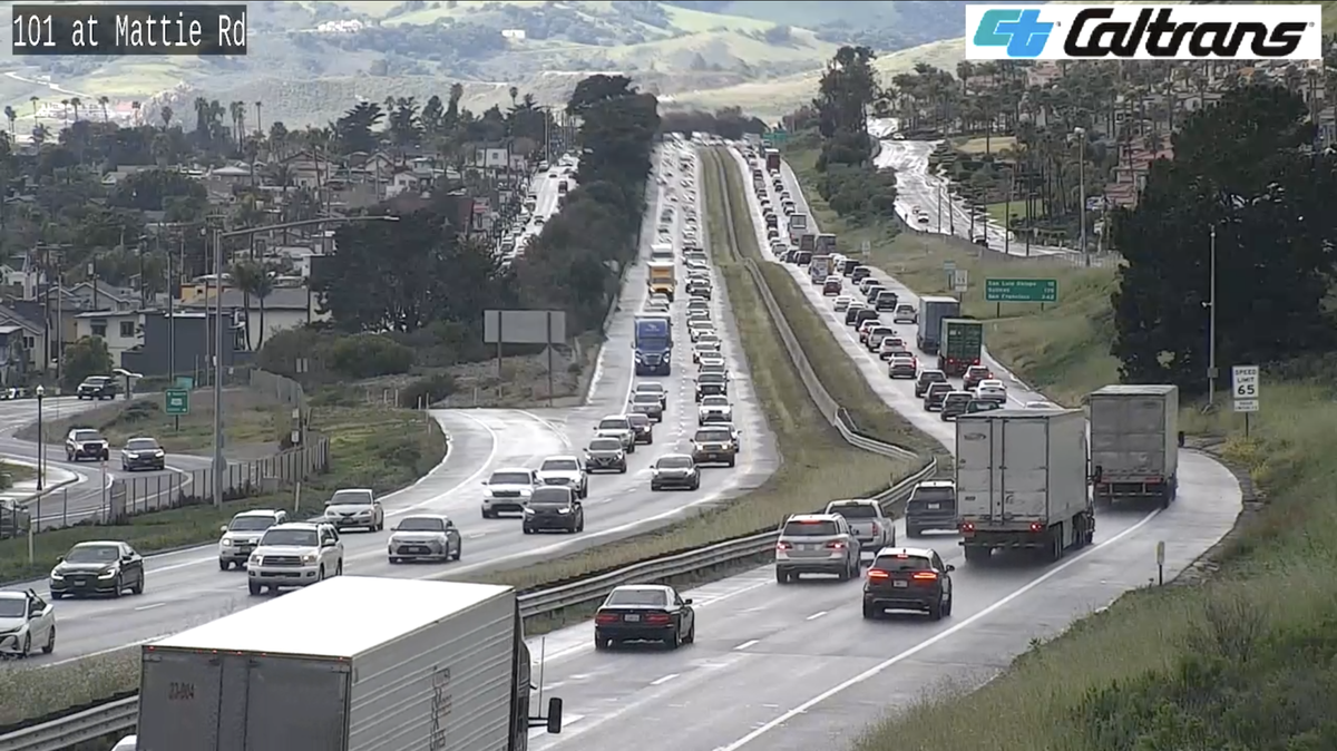 Heavy traffic along the U.S. 101 at Mattie Road in Pismo Beach on Feb. 25, 2023