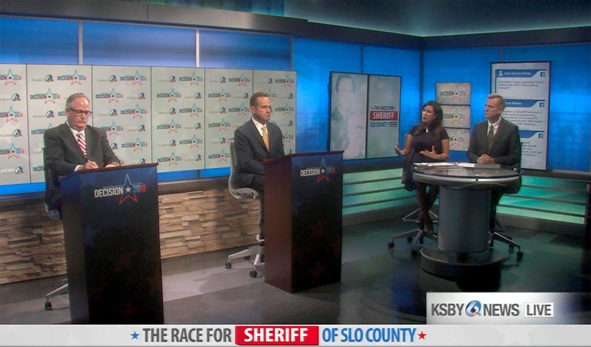 Sheriff Ian Parkinson, center, and his challenger, Greg Clayton, left, met for a live televised debate Wednesday night at KSBY's studios. the debate was moderated by Carina Corral and Richard Gearhart.
