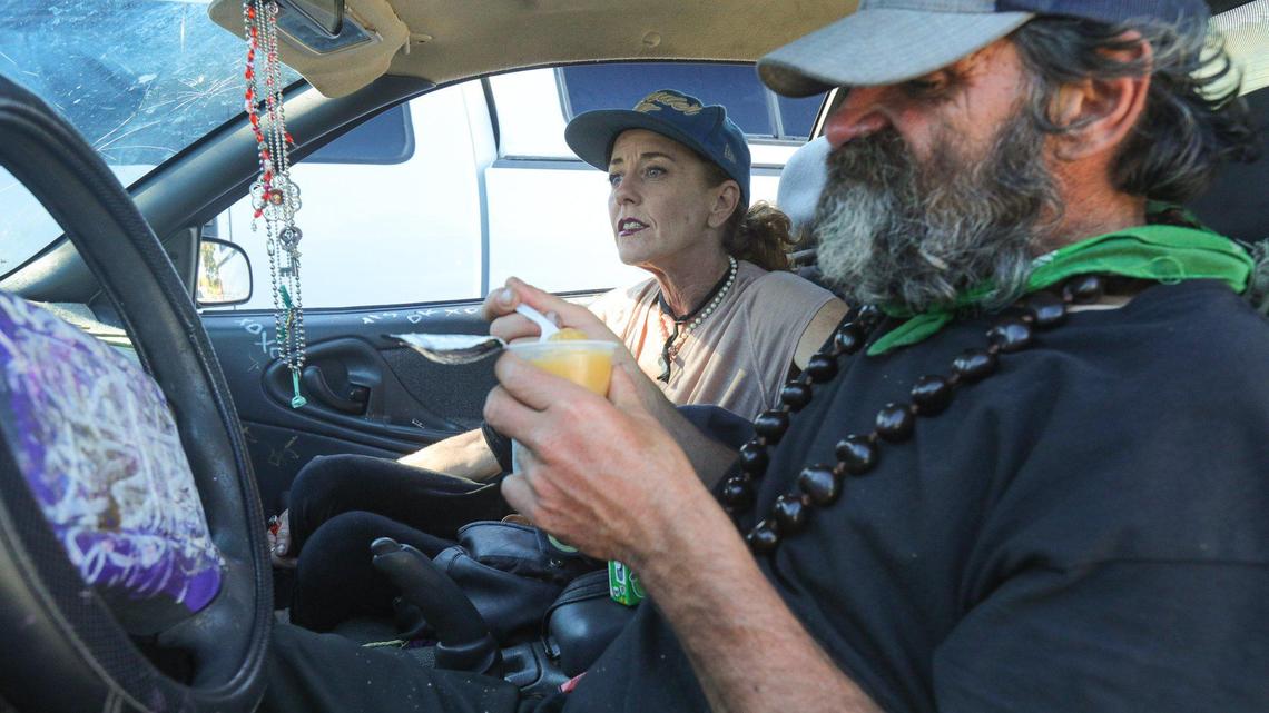 Heather Monroe and Roy C. Wright got showers, food and supplies at a portable program called “Shower the People,” helps homeless connect with services Oct. 25., 2022 at Unitarian Universalist Church near Meadow Park.