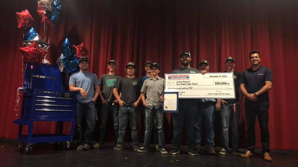 Paso Robles High School agriculture teacher Justin Pickard (holding check) was awarded $50,000 for his programs in the Harbor Freight Tools for Schools program for his excellence in teaching skilled trades.