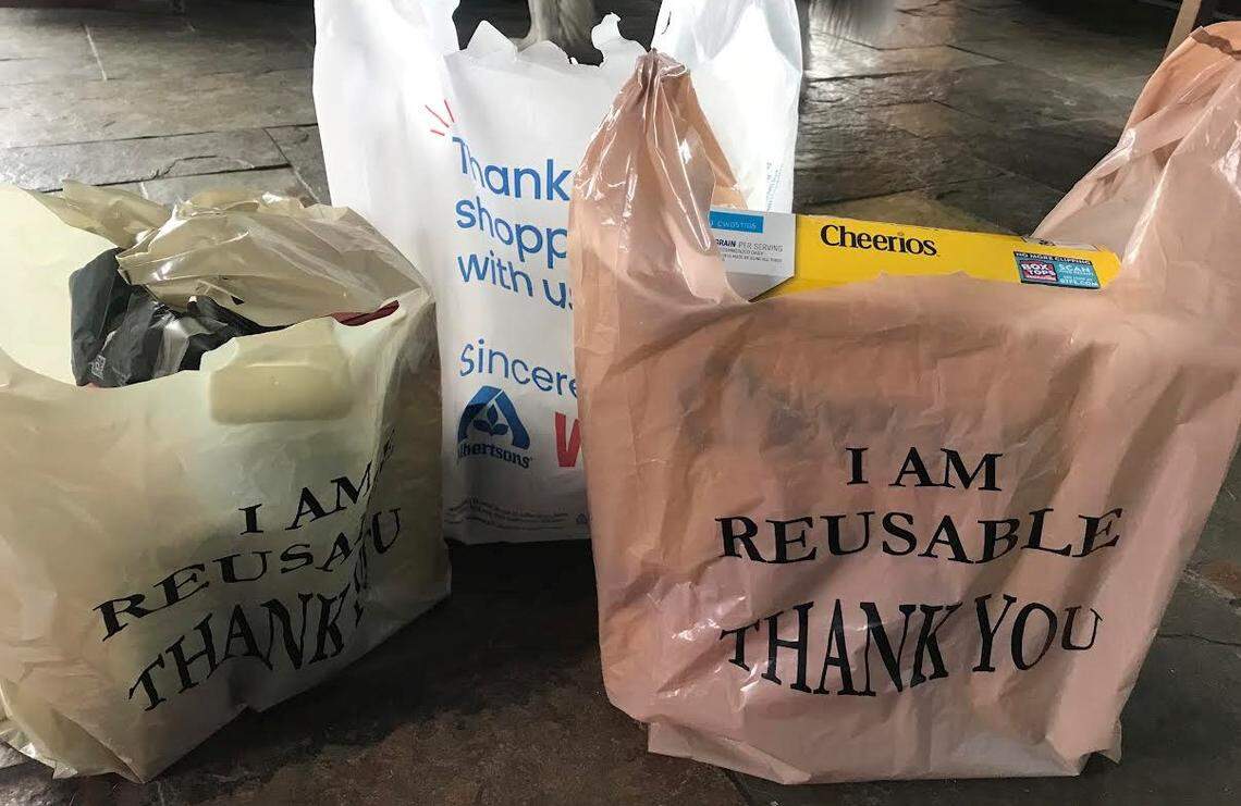 Sturdy plastic bags like these ones will be banned in California grocery stores starting Jan. 1, 2026.