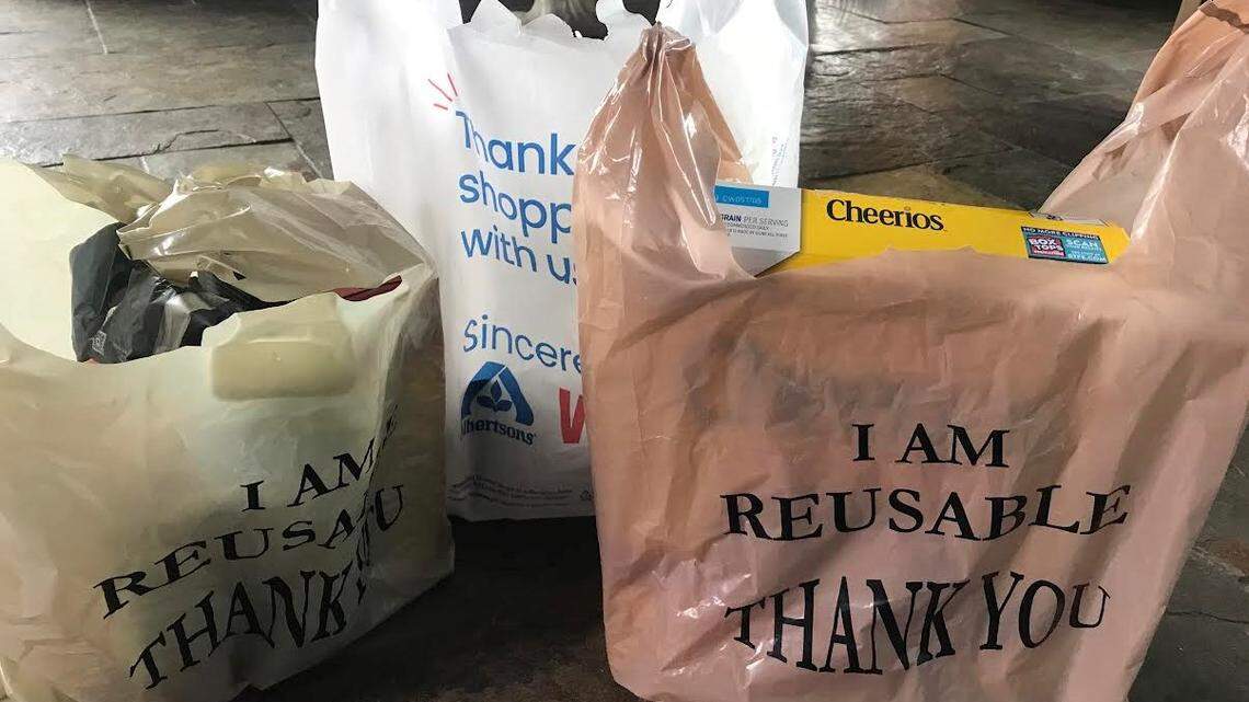 Sturdy plastic bags like these ones are allowed under California’s bag ban, though Attorney General Rob Bonta is investigating whether they meet the requirement that they also be recyclable.