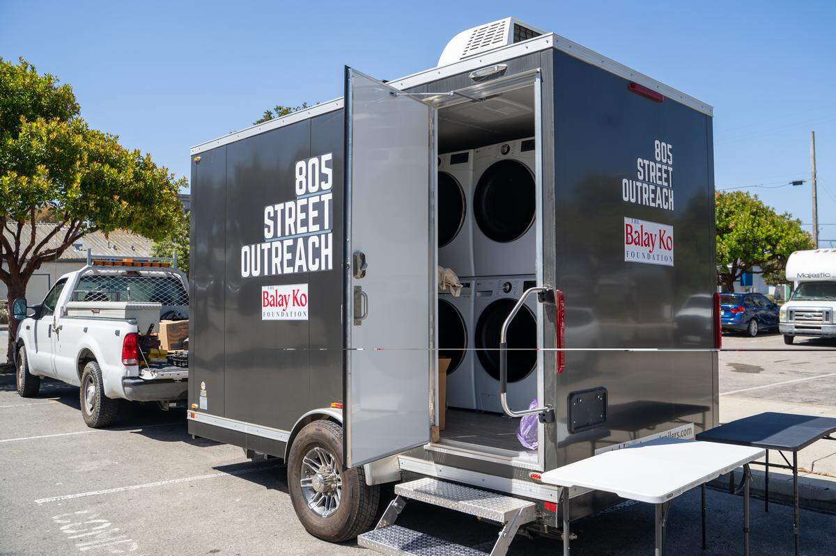 805 Street Outreach's new laundry trailer sits in the parking lot of the Morro Bay Library on Monday, May 18, 2026. The organization has grown quickly since its founding in 2024 and offers showers, laundry and food to homeless Morro Bay residents.