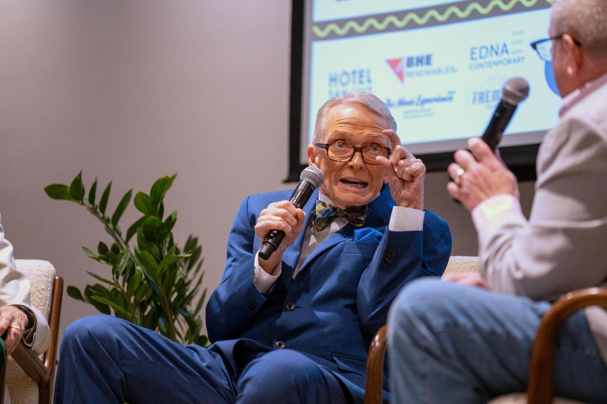 Prolific Hollywood costume designer Bob Mackie was presented with the King Vidor award by the San Luis Obispo International Film Festival at Hotel San Luis Obispo, pictured here Monday, April 28, 2025. Mackie and designer Joe McFate were interviewed by Cal Poly theater professor Thomas Bernard.