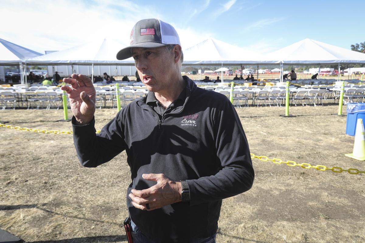 Ron Clements Jr., owner of Crown Services, talks about providing thousands of meals at a time at the Santa Margarita Fire Camp, seen here on Aug. 7, 2025.