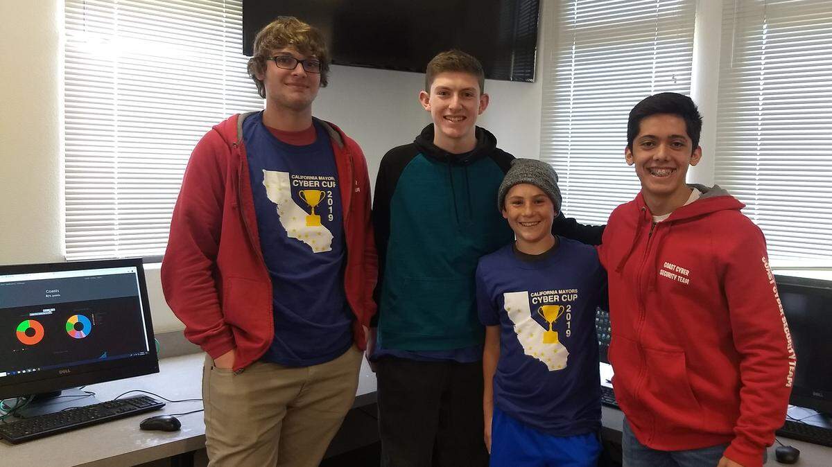 Coast Union’s cybersecurity team scored higher than 31 other high school teams in the “Mayor’s Cup” competition. From left: Jonathan Jewel, Trent Ferguson, Caiden Kennedy and Luis Plascencia. Fernando Sepulveda was not pictured.