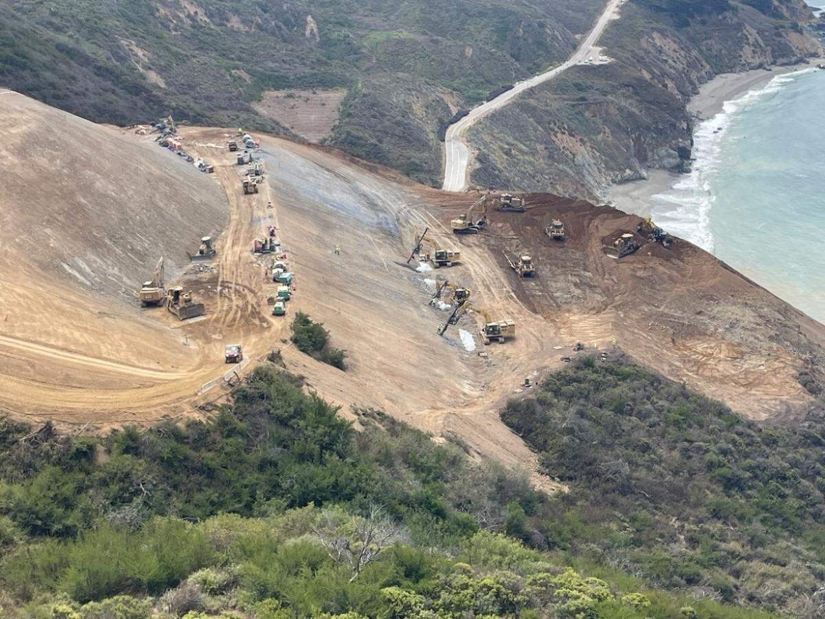 Caltrans crews have drilled and cemented steel rods into the hillside at the site of the Regent’s Slide to help stabilize the slope, which has continued to slide since it first closed Highway 1 in February 2025.