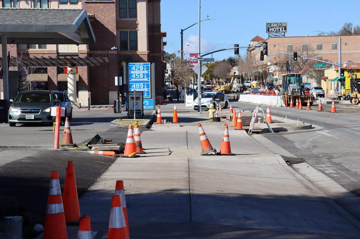 The streets and sidewalks of El Camino Real in Atascadero are littered with traffic cones and construction as the downtown undergoes a massive safety and parking enhancement project. Construction began in June 2024 and will last until the summer of 2025.