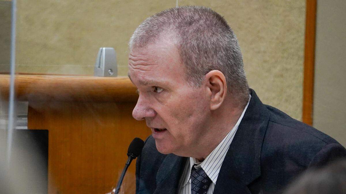 Stephen Deflaun gives testimony on the witness stand. Deflaun allegedly killed two people at Morro Strand State Park July 8, 2001, and was deemed compotent enough to go to trial in 2022.