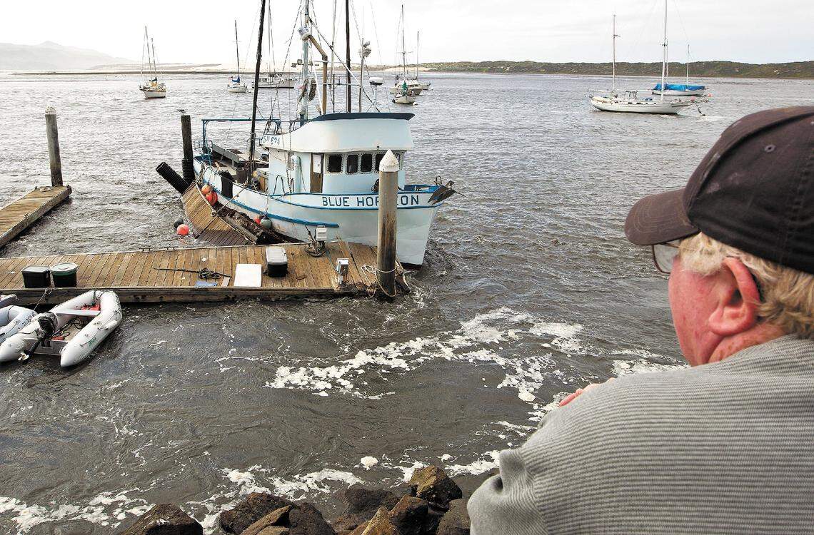 A tsunami tidal surge pushed the Blue Horizon into the dock near Tidelands Park in Morro Bay following a 9.1-magnitude earthquake off Japan in March 2011.