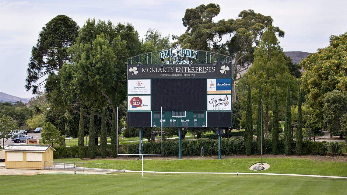 The scoreboard at Alex G. Spanos Stadium sports a Moriarty Enterprises advertisement at the top.