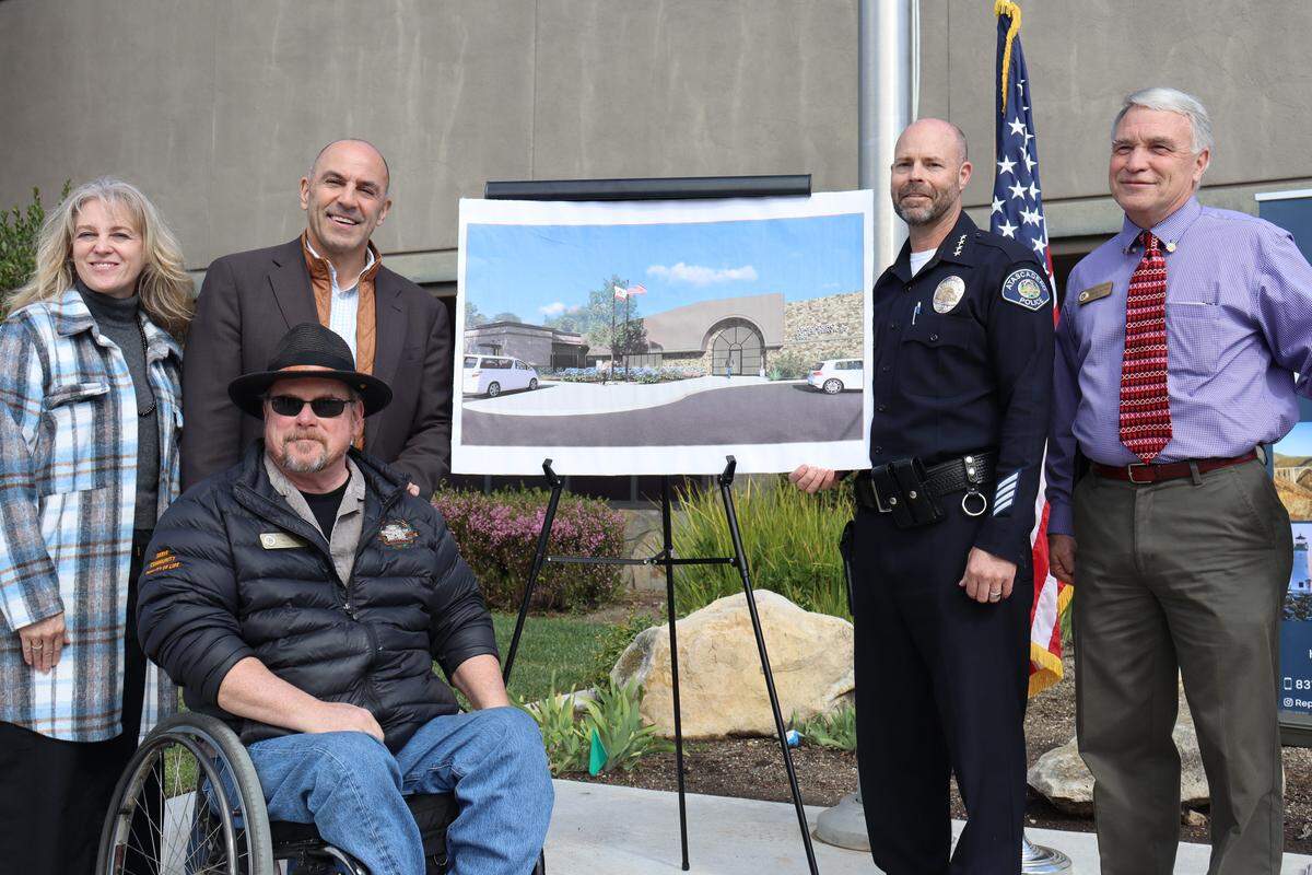 The Atascadero Police Department received an $850,000 federal grant to help remodel the city’s police station. City Councilmember Heather Newsom, left, Mayor Pro Tem Mark Dariz, Rep. Jimmy Panetta, Police Chief Daniel B. Suttles and Mayor Charles Bourbeau announced the funding at a news conference on Feb. 18, 2026.