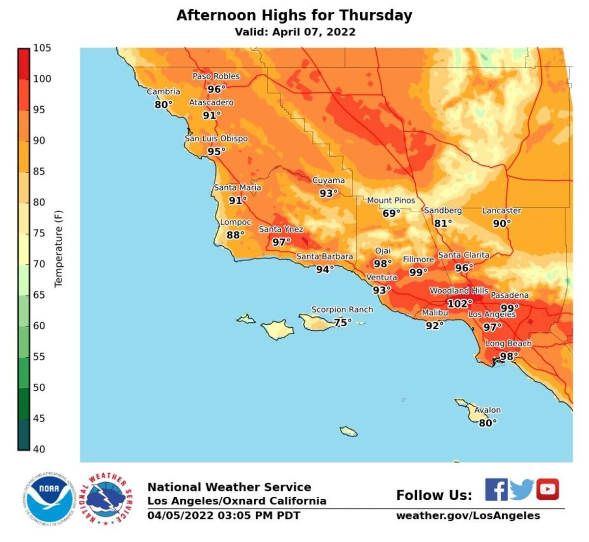 A forecast map from the Nation Weather Service predicts highs in the mid-90s on Thursday afternoon.