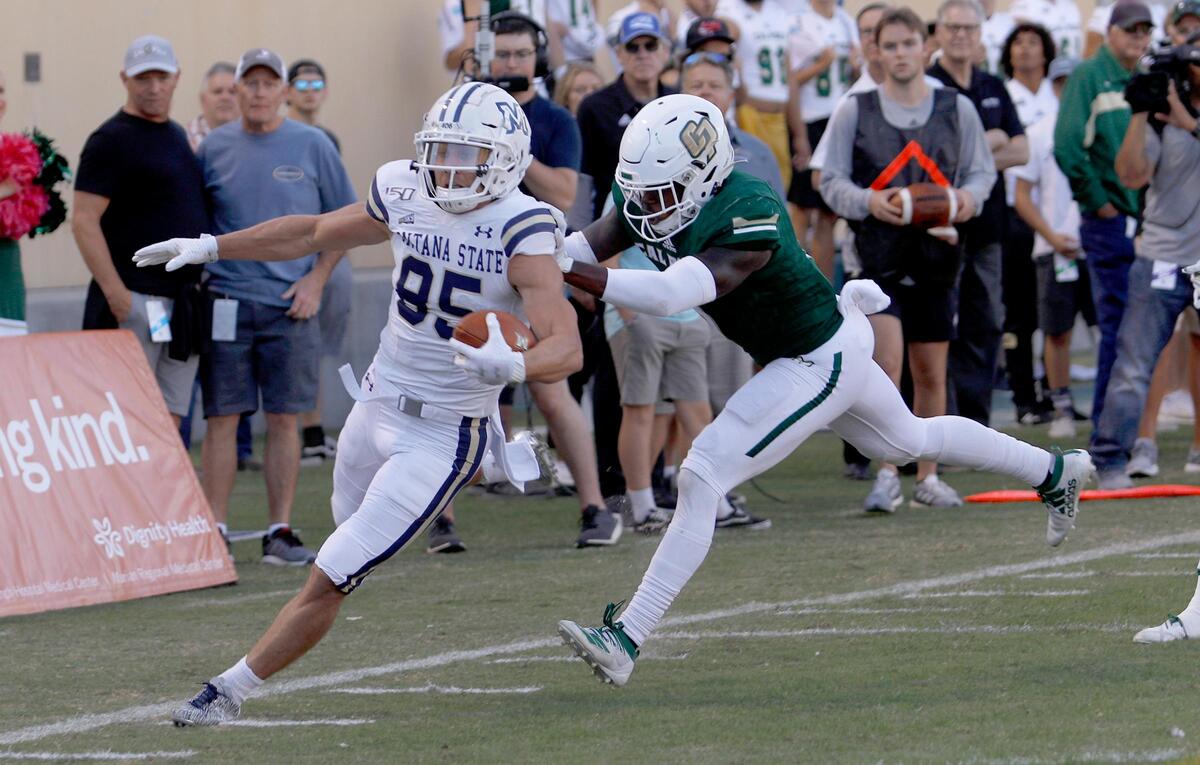 Cal Poly hosts Montana State at Alex Spanos Stadium, Saturday, October 5, 2019. Cal Poly’s Litu Humphrey attempts to stop Montana’s Kevin Kassis.