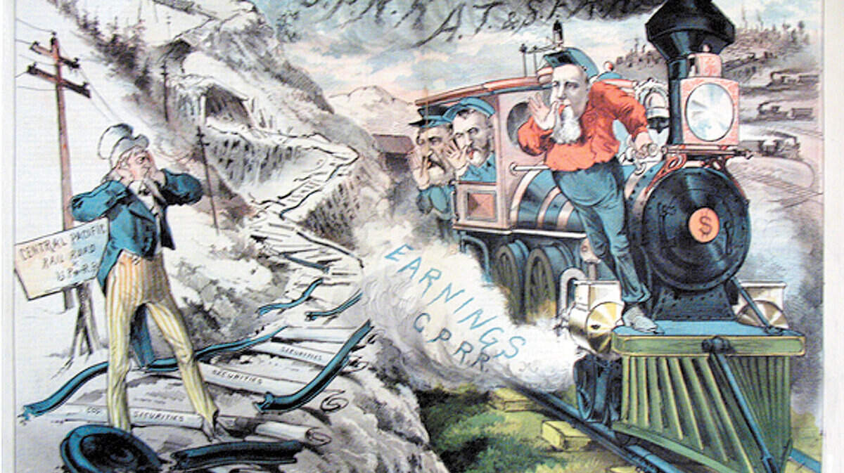 Charles Crocker, Collis Huntington and Leland Stanford depicted as defrauding the American people in an anti-Southern Pacific Railroad political cartoon in the publication The Wasp, 1881.