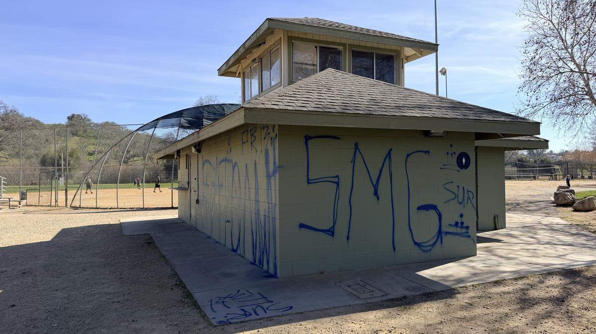 Vandals tagged the restroom and concession stand at Paloma Creek Park in Atascadero. Seen here on Feb. 8, 2026.