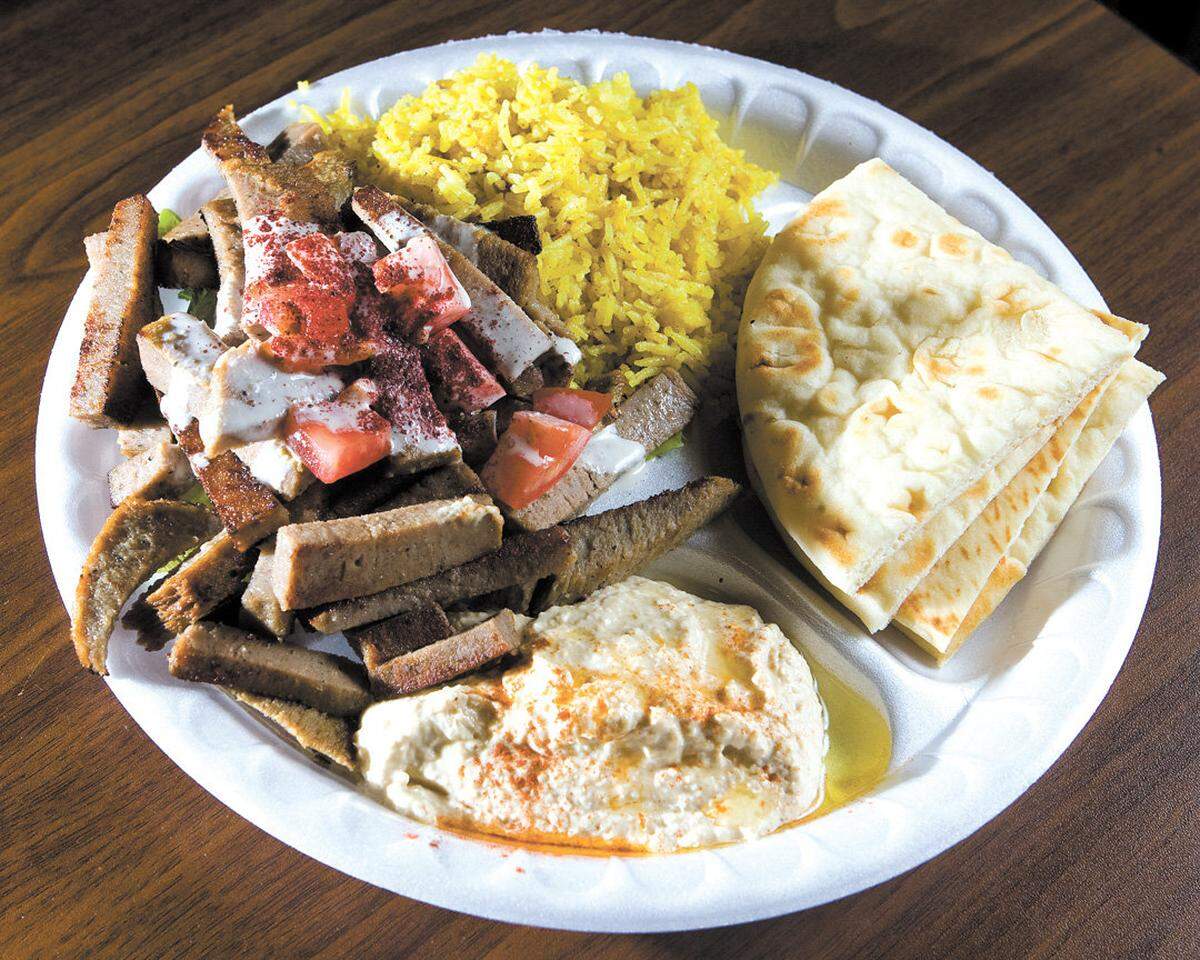 The gyro plate at Jaffa Café includes rice, pita bread and hummus. The San Luis Obispo location has closed but locations in Arroyo Grande and Santa Maria remain open.