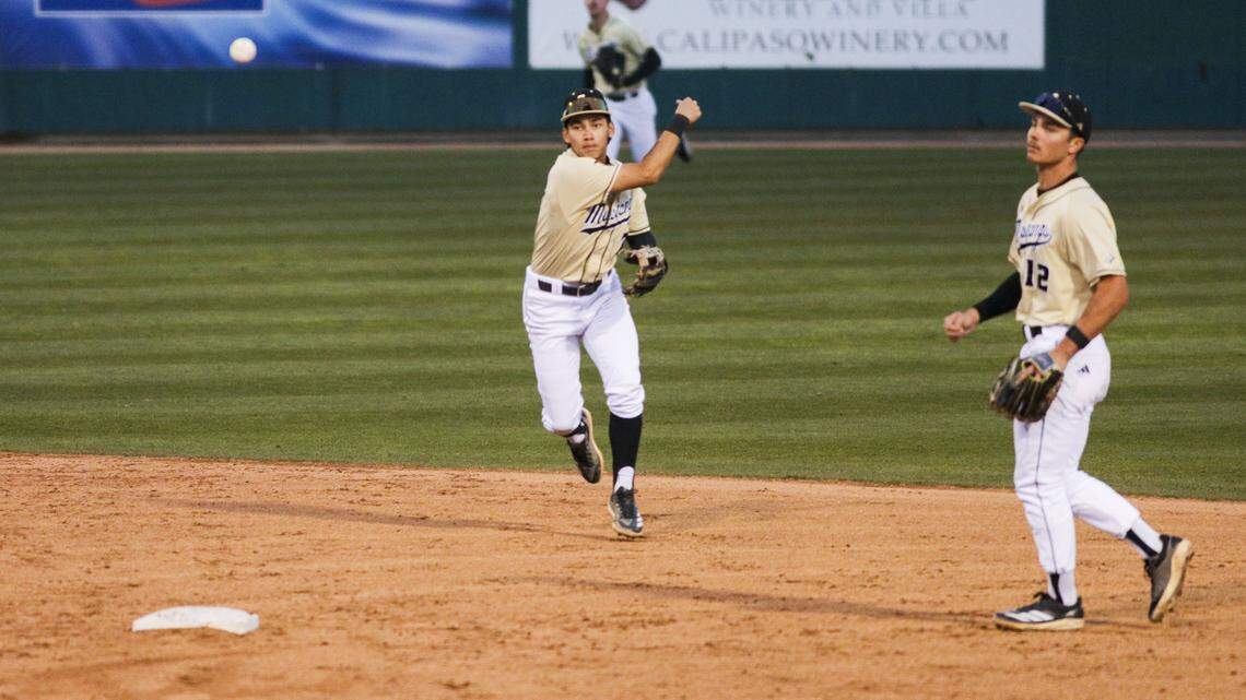 Nate Castellon fields a grounder at shortstop throwing to first for an out as Gavin Spiridonoff watches from second base position. Washington State beat Cal Poly 5-4 on Feb. 23, 2026.