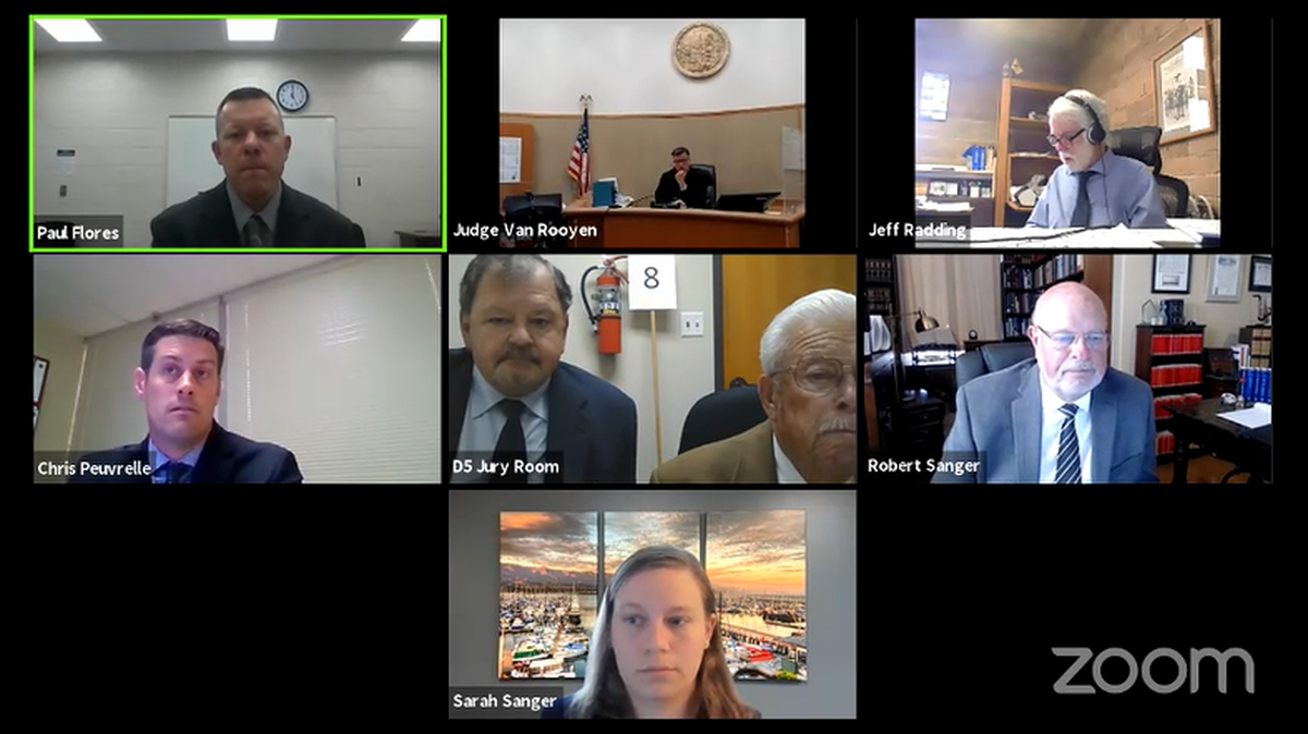 A Zoom screengrab of a July 6, 2021, pre-preliminary hearing hearing for Paul Flores, upper left, who is accused of the alleged 1996 murder of Cal Poly freshman Kristin Smart. His father, Ruben Flores (center tile, at right) is charged with accessory. Both have pleaded not guilty.