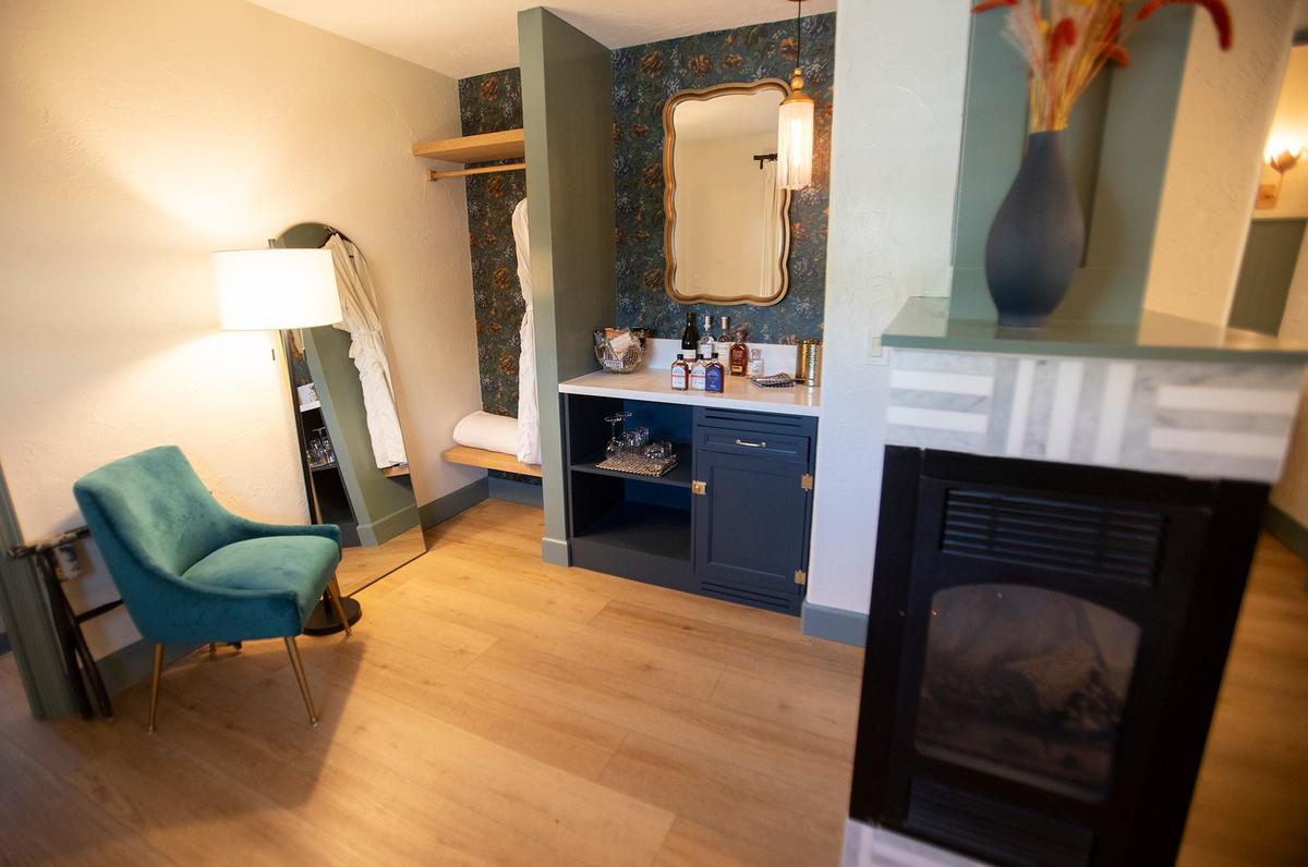 Petit Soleil, located at 1473 Monterey St., reopened under new management in mid-March. The 17-room mini hotel was bought by Good Lion Hospitality, under the leadership of husband-and-wife team Misty and Brandon Ristaino. This is the upstairs suite room, complete with a fireplace, mini-bar and living room.