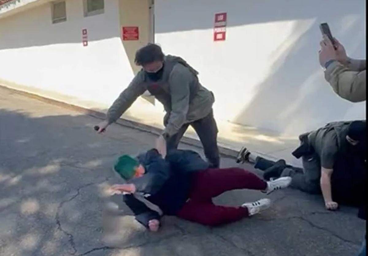 ICE agents knocked attorney Doug Hayes to the ground and pepper sprayed him in the face in downtown Santa Barbara Friday morning, Feb. 20, 2026.