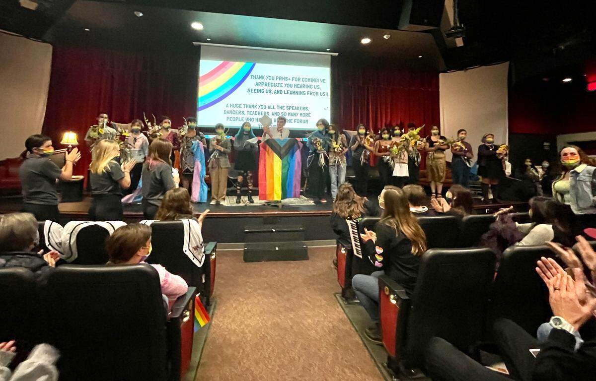 The student speakers stand on the stage in the Paso Robles High School performing arts center at the conclusion of the “Coming Out Against Hate” forum event held Oct. 20. The event drew more than 300 community members.