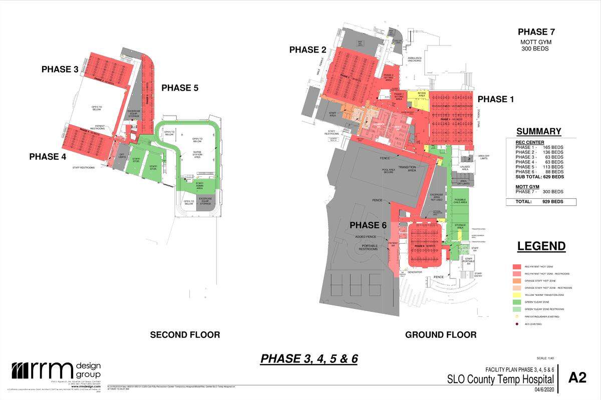 A site plan shows how the phases of the alternate care site could bring more than 600 beds to the Cal Poly Rec Center. Another 300 could also be added at Mott Athletics Center.