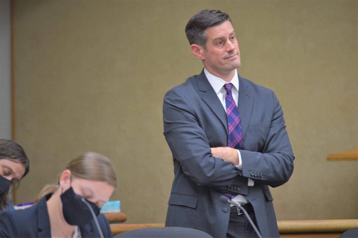 San Luis Obispo County Deputy District Attorney Christopher Peuvrelle appears in San Luis Obispo Superior Court on Tuesday, Aug. 31, 2021, during a preliminary hearing for Paul and Ruben Flores, who face charges in the case of missing Cal Poly student Kristin Smart.
